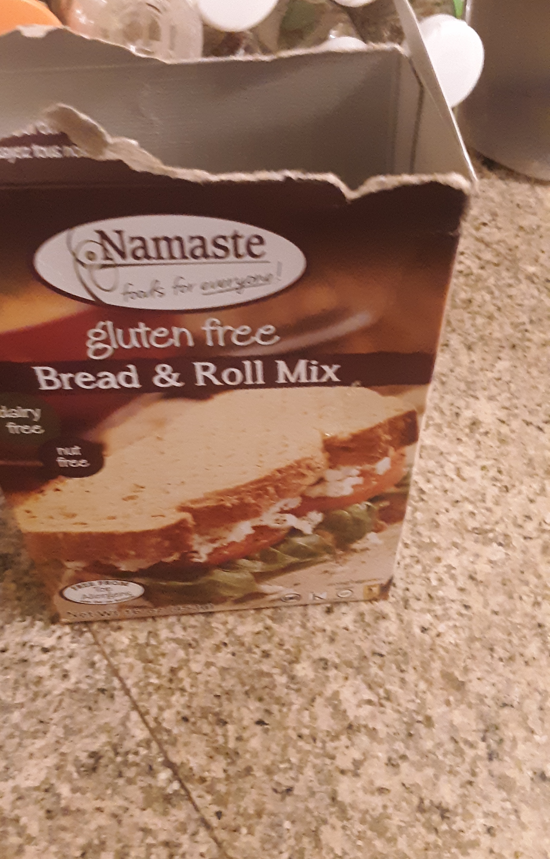 Living well in the 21st century - Limassol, Cyprus - a picture of the package says, "Namaste - foods for everyone! gluten free - bread and roll mix" dairy free and nut free written on the front package with a picture of a sandwich with lettuce, tomato, and mayo. 