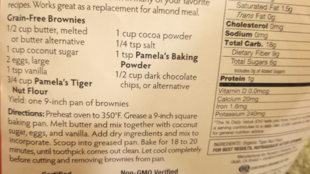 Living well in the 21st century - Limassol, Cyprus - a picture of grain-free brownies recipe; 1/2 cup butter, melted or butter alternative, 1 cup coconut sugar, 2 eggs, large, 1 tsp vanilla, 3/4/ cup pamela's tiger nut flour, 1 cup cocoa powder, 1/4 tsp salt, 1 tsp pamela's baking powder, 1/2 cup dark chocolate chips, or alternative. Yield: one 9-inch pan of brownies. 
Directions: preheat oven to 350F. Grease a 9-inch square baking pan. Melt butter and mix together with coconut sugar, eggs, and vanilla. Add dry ingredients and mix to incorporate. Scoop into greased pan. Bake for 18 to 20 minutes, until toothpick comes out clean. Let cool completely before cutting and removing brownies from pan. 