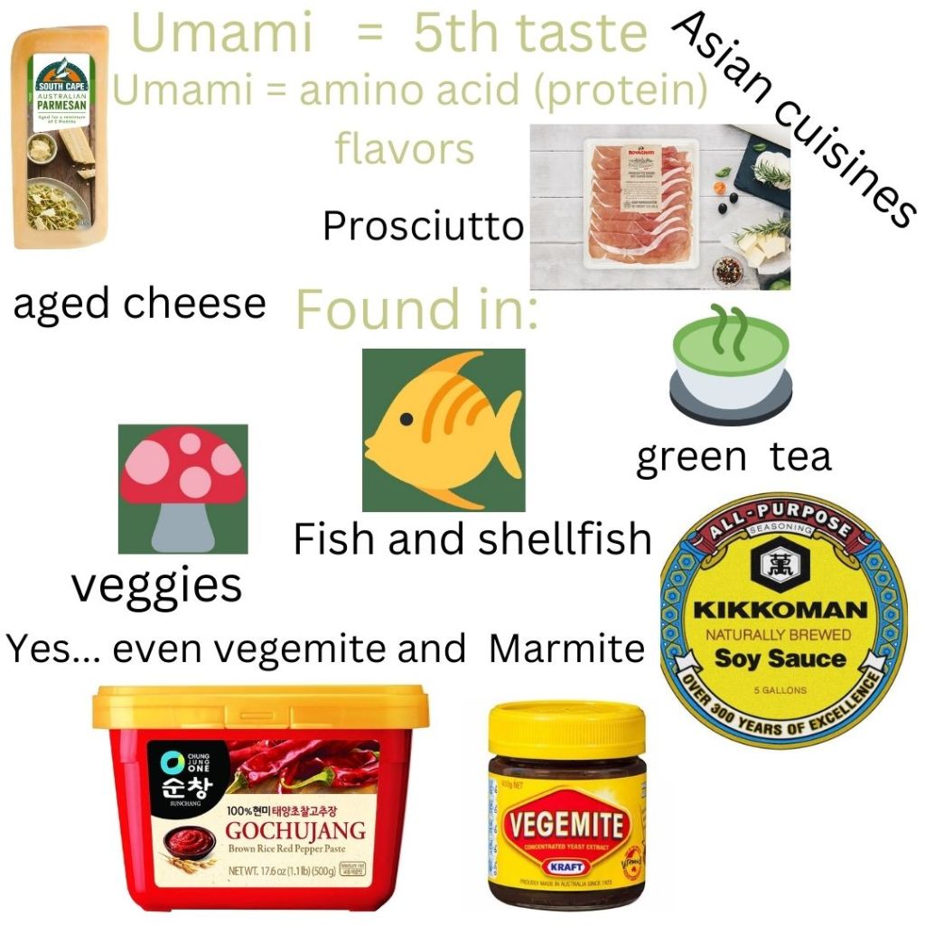 Living well in the 21st century - Limassol, Cyprus - Picture of different foods that contain umami. This includes; Asian cuisines, prosciutto, aged cheese, veggies like mushroom,  fish and shellfish, green tea, vegemite, gochujang, and soy sauce. Title says, "umami = 5th taste, umami = amino acid (protein) flavors" 