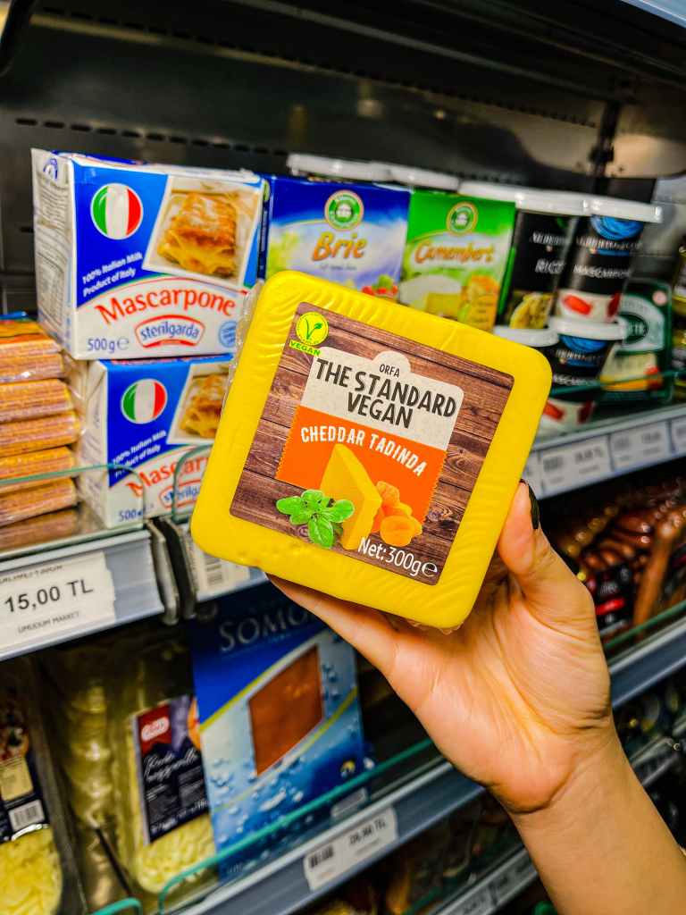 Living well in the 21st century - Limassol, Cyprus. A picture of a person holding a vegan cheese container, with a background of regular cheese, stacked on grocery shelves. 